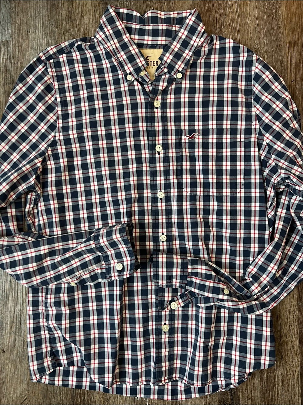 Hollister Men's Navy, Red & White Plaid Button-Down Shirt